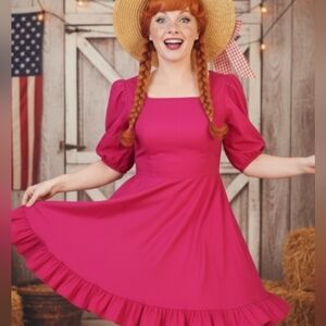 💖 Handmade Fuchsia Puff Sleeve Dress Cottagecore M 👗